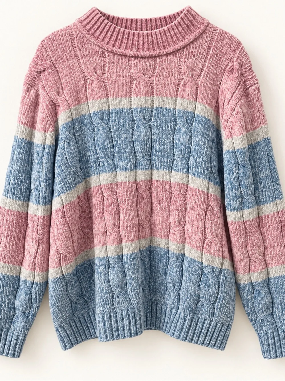 Alfred Dunner Pink, Blue & Cream Cable-Stripe Turtleneck Sweater